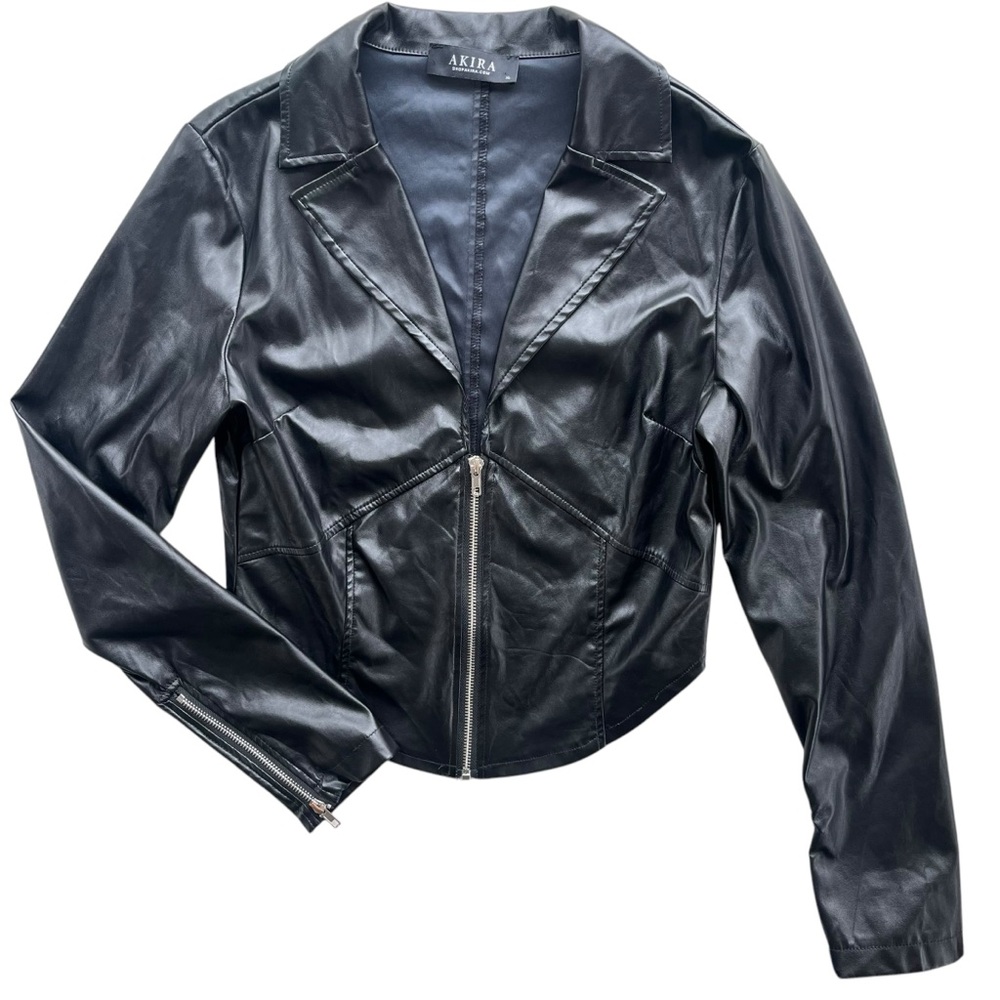 Akira Womens XL Black Faux Leather Silver Full Zip Crop Biker Moto Jacket AK2103